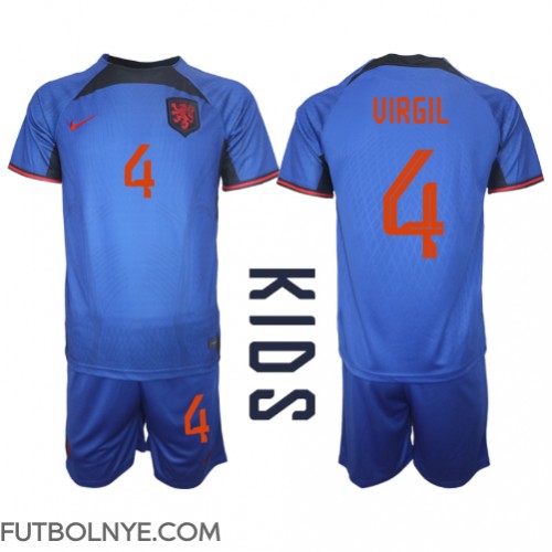Camiseta Países Bajos Virgil van Dijk #4 Visitante Equipación para niños Mundial 2022 manga corta (+ pantalones cortos)